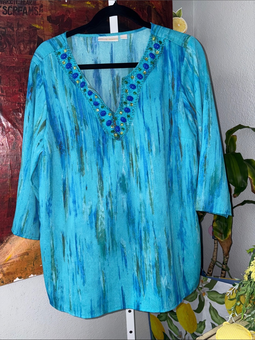 Belle Kim Gravel Beaded V-Neck Turquoise Tunic Top Size M Oversized